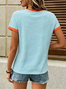 EMERY ROSE Plus Size Women's Contrast Color Stripe Print Round Neck Short Sleeve T-Shirt - Multicolor - View 2
