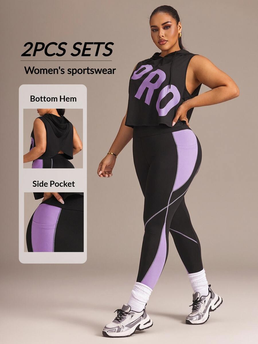 SHEIN Rhythm Era Women's Sports Yoga Outdoor Gym Workout Set Drawstring Hooded Sleeveless Loose Sweatshirt With Curved Chest Colorblock Design And Tight Leggings With Line And Colorblock Contrast - Multicolor - View 1
