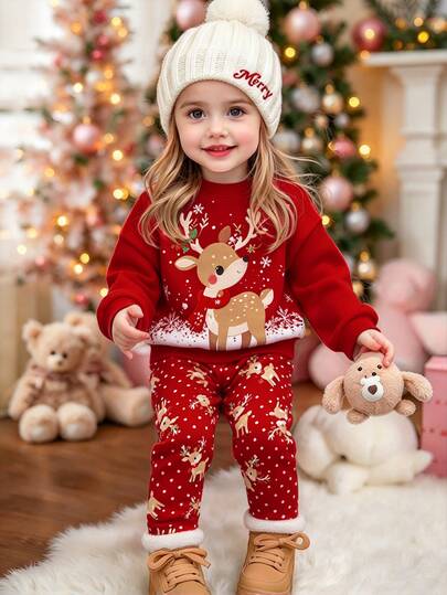 Christmas Red, Cute Sweet Vintage Forest Fairy Tale Deer, Polka Dot, Christmas Reindeer Illustration Print, Baby Girl Casual Fleece Soft Loose Round Neck Sweatshirt And Leggings Set, New Style Suitable For Autumn/Winter Daily, Outings, Holiday, Farm, Bright Cheerful Christmas Season Outfit, Relaxed Girl, Sister Matching