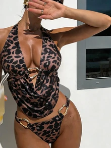 SHEIN Swim Summer Women's Casual Beach Vacation Deep V-Neck Leopard Print Random Belly Cover Top And Solid Color Versatile High Cut Swim Bottom 2 Pieces Swimwear - Multicolor - View 6