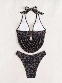 SHEIN Swim Summer Women's Casual Beach Vacation Deep V-Neck Leopard Print Random Belly Cover Top And Solid Color Versatile High Cut Swim Bottom 2 Pieces Swimwear - Multicolor - View 4