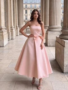 Poshira Women's Elegant Rhinestone Bow Decor Bandeau Ball Gown Luxury Evening Dresses For Women Graduation - Pink - View 1