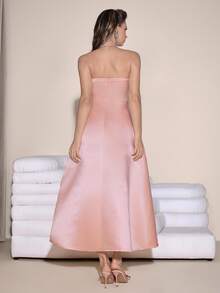 Poshira Women's Elegant Rhinestone Bow Decor Bandeau Ball Gown Luxury Evening Dresses For Women Graduation - Pink - View 2