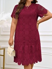 Reflora Plus Size Elegant Solid Color Water-Soluble Lace Short Sleeve Dress, Summer Dresses For Women Wine - Red - View 5