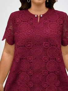 Reflora Plus Size Elegant Solid Color Water-Soluble Lace Short Sleeve Dress, Summer Dresses For Women Wine - Red - View 7