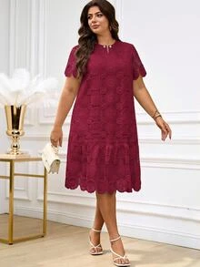 Reflora Plus Size Elegant Solid Color Water-Soluble Lace Short Sleeve Dress, Summer Dresses For Women Wine - Red - View 6