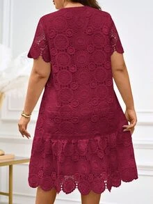 Reflora Plus Size Elegant Solid Color Water-Soluble Lace Short Sleeve Dress, Summer Dresses For Women Wine - Red - View 2