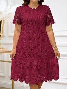 Reflora Plus Size Elegant Solid Color Water-Soluble Lace Short Sleeve Dress, Summer Dresses For Women Wine - Red - View 1