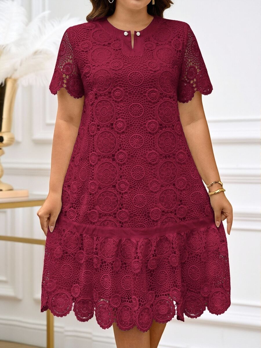 Reflora Plus Size Elegant Solid Color Water-Soluble Lace Short Sleeve Dress, Summer Dresses For Women Wine - Red - View 1