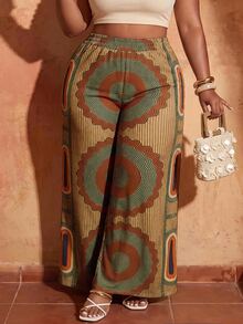 Veslaya 2026 Spring/Summer Women's Plus Size New Bold, Classy Feminine Style Tummy Control Fit Breathable Lightweight Premium Elegant Romantic Classic Print Long Wide Leg Pants - Multicolor - View 8