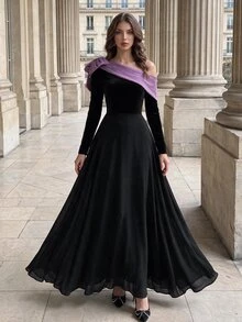 Poshira 撞色不对称领口长袖优雅晚礼服、派对礼服、舞会礼服 - 紫色 - 查看 1