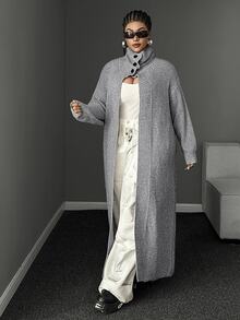 Maweii Elegant/Fashionable,Light Gray,Loose Fit,Mid-Length ,High Collar,Button Decoration At The Stand-Up Collar,Halloween,Plus-Size Women's Knit Cardigan - Grey - View 5