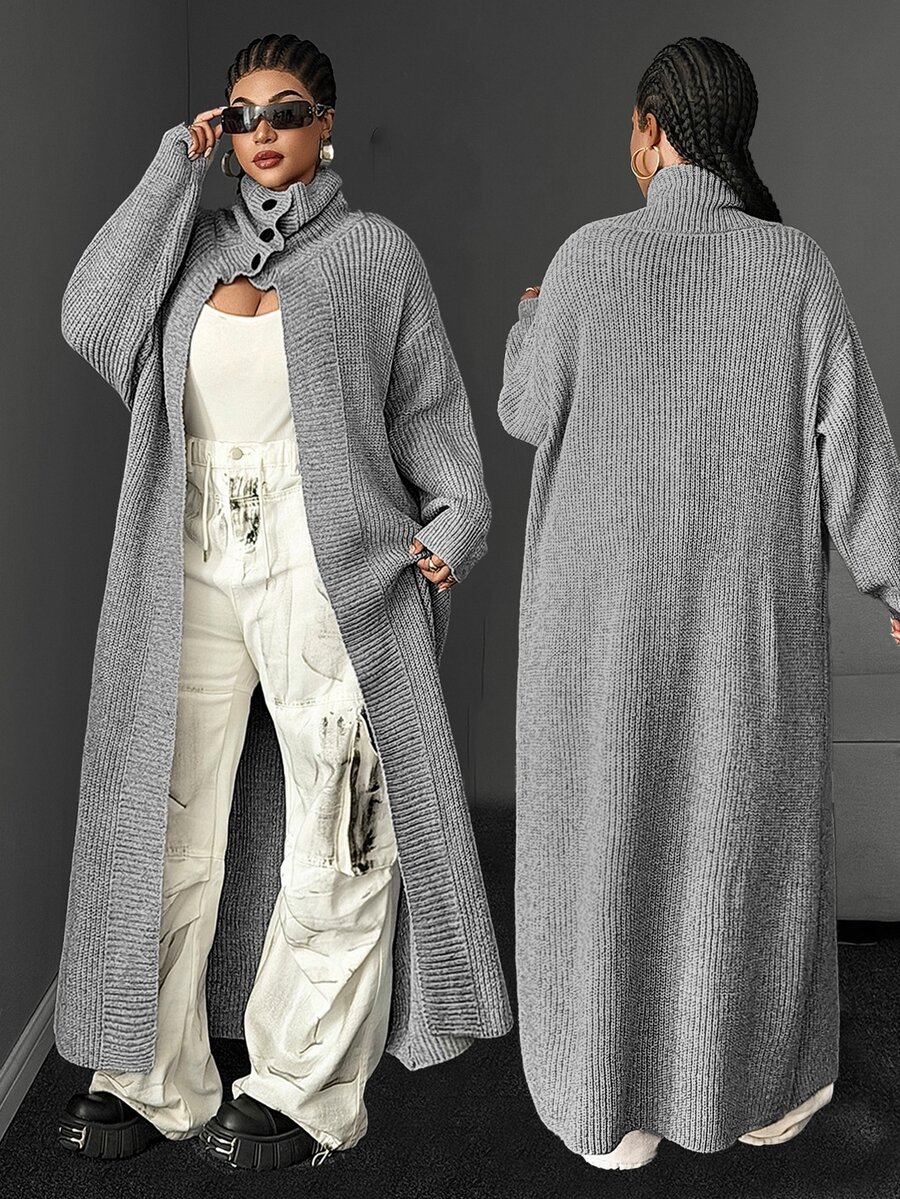 Maweii Elegant/Fashionable,Light Gray,Loose Fit,Mid-Length ,High Collar,Button Decoration At The Stand-Up Collar,Halloween,Plus-Size Women's Knit Cardigan - Grey - View 1