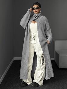 Maweii Elegant/Fashionable,Light Gray,Loose Fit,Mid-Length ,High Collar,Button Decoration At The Stand-Up Collar,Halloween,Plus-Size Women's Knit Cardigan - Grey - View 4