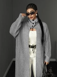 Maweii Elegant/Fashionable,Light Gray,Loose Fit,Mid-Length ,High Collar,Button Decoration At The Stand-Up Collar,Halloween,Plus-Size Women's Knit Cardigan - Grey - View 6