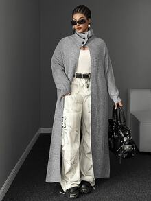 Maweii Elegant/Fashionable,Light Gray,Loose Fit,Mid-Length ,High Collar,Button Decoration At The Stand-Up Collar,Halloween,Plus-Size Women's Knit Cardigan - Grey - View 3