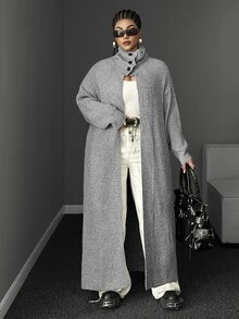 Maweii Elegant/Fashionable,Light Gray,Loose Fit,Mid-Length ,High Collar,Button Decoration At The Stand-Up Collar,Halloween,Plus-Size Women's Knit Cardigan - Grey - View 7