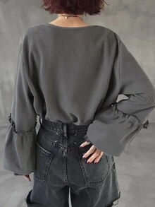 FRIFUL Women's Solid Color Round Neck Long Sleeve Ribbed Loose Casual T-Shirt - Grey - View 5