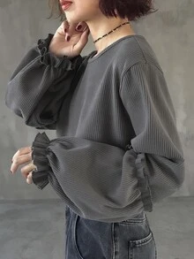 FRIFUL Women's Solid Color Round Neck Long Sleeve Ribbed Loose Casual T-Shirt - Grey - View 4
