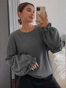 FRIFUL Women's Solid Color Round Neck Long Sleeve Ribbed Loose Casual T-Shirt - Grey - View 8