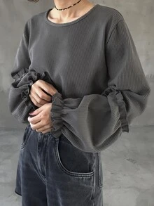 FRIFUL Women's Solid Color Round Neck Long Sleeve Ribbed Loose Casual T-Shirt - Grey - View 3