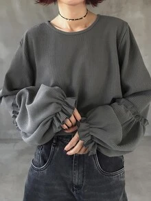 FRIFUL Women's Solid Color Round Neck Long Sleeve Ribbed Loose Casual T-Shirt - Grey - View 1
