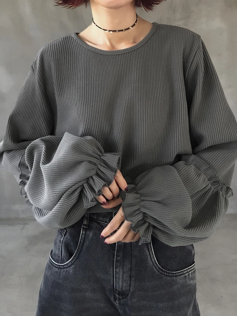 FRIFUL Women's Solid Color Round Neck Long Sleeve Ribbed Loose Casual T-Shirt - Grey - View 1