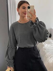 FRIFUL Women's Solid Color Round Neck Long Sleeve Ribbed Loose Casual T-Shirt - Grey - View 9