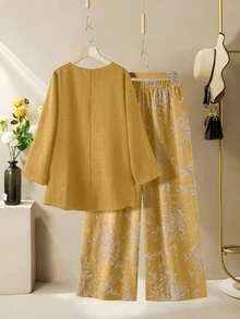 Lacomfia Women's Round Neck Long Sleeve Loose Wide Leg Printed Casual Elegant Plus Size 2 Pieces Set Fall Formal Brunch Butter Yellow Mustard Yellow - Yellow - View 2