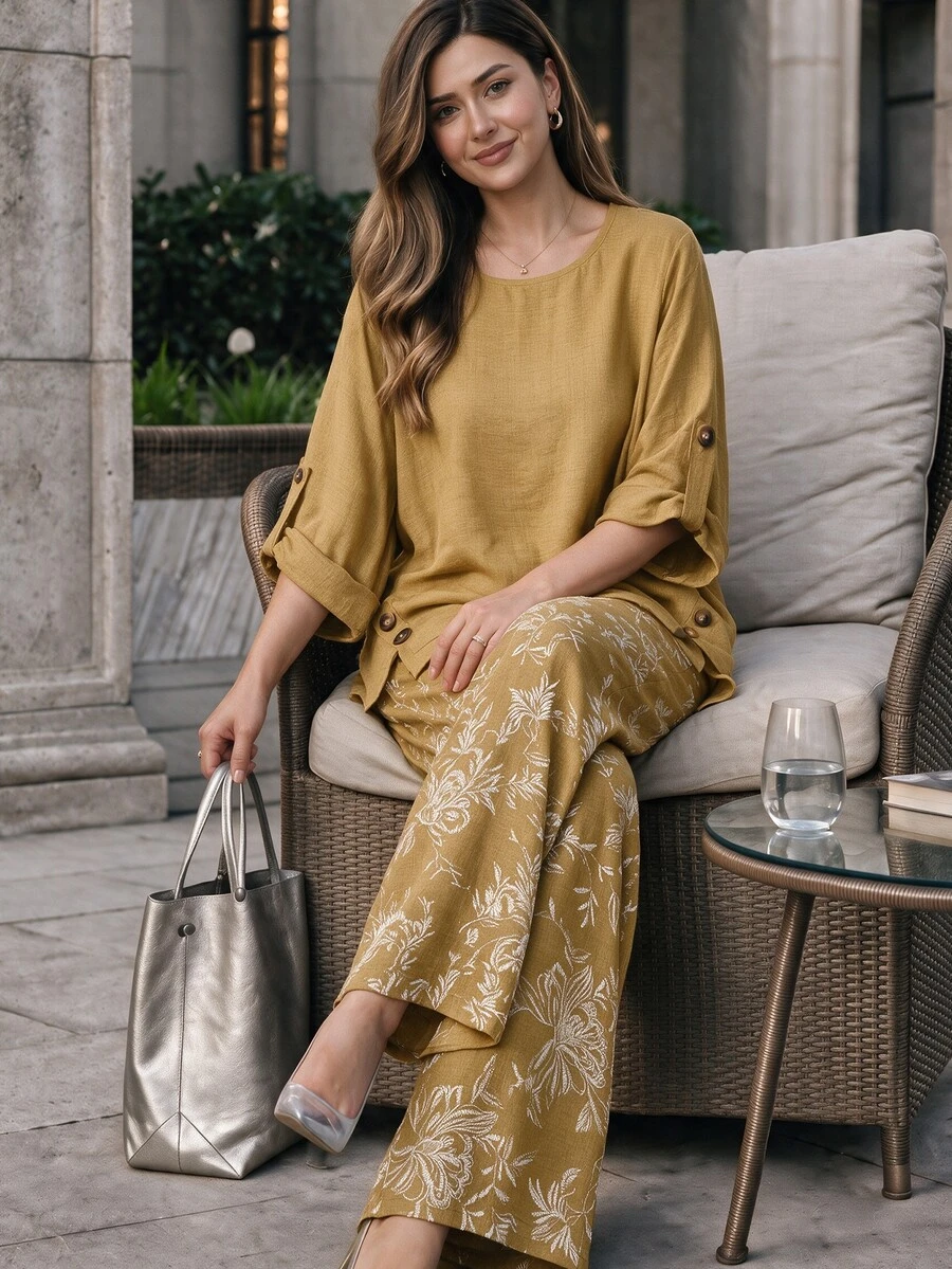 Lacomfia Women's Round Neck Long Sleeve Loose Wide Leg Printed Casual Elegant Plus Size 2 Pieces Set Fall Formal Brunch Butter Yellow Mustard Yellow - Yellow - View 1