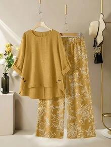 Lacomfia Women's Round Neck Long Sleeve Loose Wide Leg Printed Casual Elegant Plus Size 2 Pieces Set Fall Formal Brunch Butter Yellow Mustard Yellow - Yellow - View 3