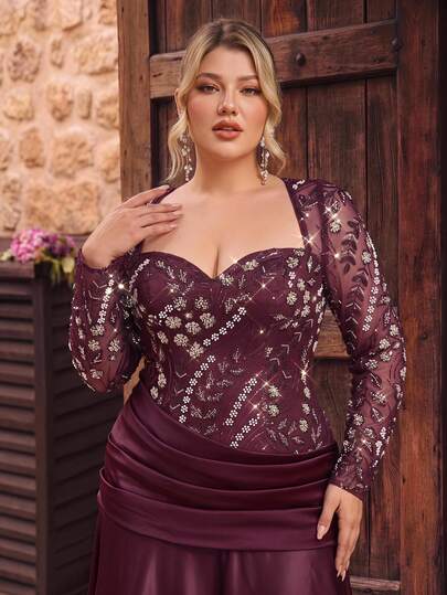 Glamrae Plus Size Elegant Glamorous Sexy Burgundy Sequin Embroidered Patchwork Satin Vintage Sweetheart Neckline Flattering Ruched Design Long Sleeve A-Line Train Maxi Dress, Suitable For Prom, Bachelorette Party, Wedding, Formal Evening Gown