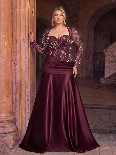 Glamrae Plus Size Elegant Glamorous Sexy Burgundy Sequin Embroidered Patchwork Satin Vintage Sweetheart Neckline Flattering Ruched Design Long Sleeve A-Line Train Maxi Dress, Suitable For Prom, Bachelorette Party, Wedding, Formal Evening Gown