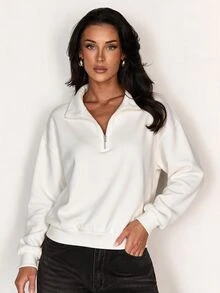 Glamine Solid Color Casual Half-Zip Stand Collar Colorblock Loose Fit Long Sleeve Sporty Sweatshirt - White - View 2