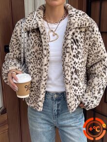 SHEIN EZwear 女款豹紋長袖寬鬆休閒人造毛皮夾克 - 摩卡棕 - 查看 8