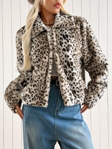 SHEIN EZwear 女款豹紋長袖寬鬆休閒人造毛皮夾克 - 摩卡棕 - 查看 5