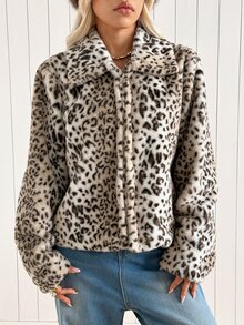 SHEIN EZwear 女款豹紋長袖寬鬆休閒人造毛皮夾克 - 摩卡棕 - 查看 4