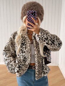 SHEIN EZwear 女款豹紋長袖寬鬆休閒人造毛皮夾克 - 摩卡棕 - 查看 6