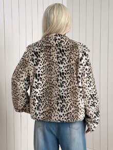 SHEIN EZwear 女款豹紋長袖寬鬆休閒人造毛皮夾克 - 摩卡棕 - 查看 7