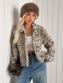 SHEIN EZwear 女款豹紋長袖寬鬆休閒人造毛皮夾克 - 摩卡棕 - 查看 2