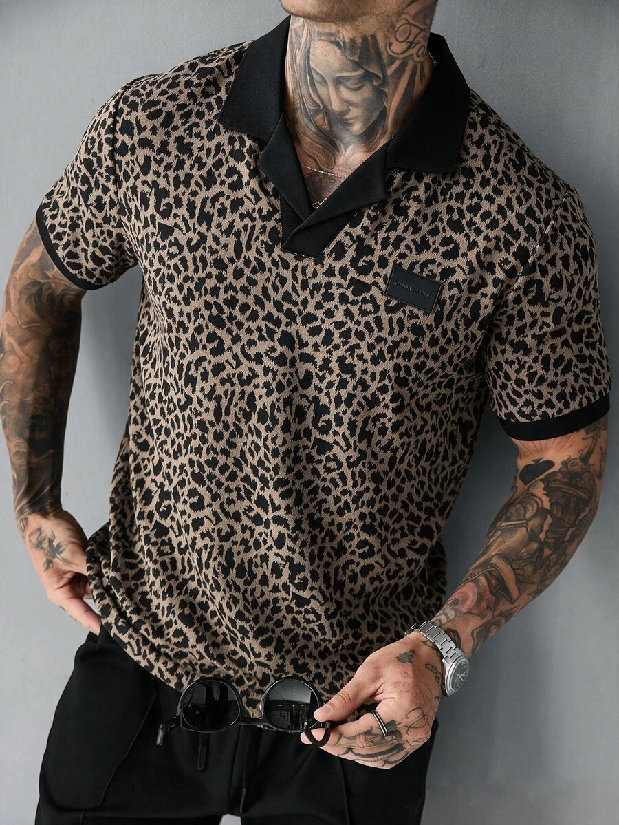 Manfinity Roughcore Men's Leopard Print Letter Denim Short Sleeve Casual Polo Shirt - Black - View 1
