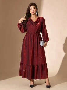Comfylo Plus Size Elegant Party Glitter Cowl Neck Dress - Burgundy - View 4