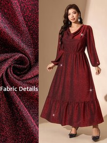 Comfylo Plus Size Elegant Party Glitter Cowl Neck Dress - Burgundy - View 3