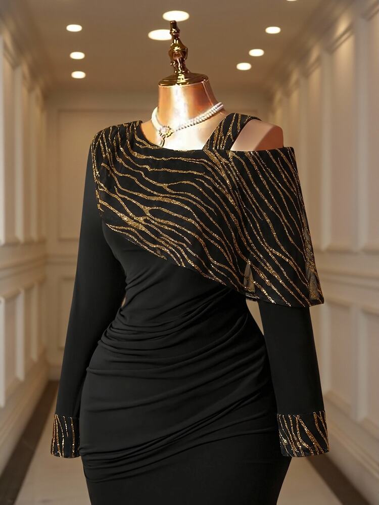 Reflora Plus Size Elegant Sexy Formal Evening Party Dinner Sequin Decor Asymmetrical Neckline Mermaid Dress Black And Gold Autumn Fall - Black - View 8