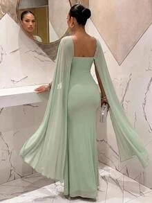 MaterniChic Fall Elegant Party Luxury Evening Green Dresses Maternity Pearl Decorated Cape Design Hollow Out Elegant Dress - Mint Green - View 3