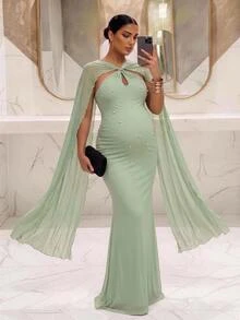MaterniChic Fall Elegant Party Luxury Evening Green Dresses Maternity Pearl Decorated Cape Design Hollow Out Elegant Dress - Mint Green - View 2
