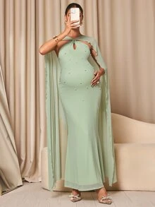 MaterniChic Fall Elegant Party Luxury Evening Green Dresses Maternity Pearl Decorated Cape Design Hollow Out Elegant Dress - Mint Green - View 6