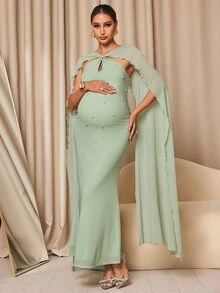 MaterniChic Fall Elegant Party Luxury Evening Green Dresses Maternity Pearl Decorated Cape Design Hollow Out Elegant Dress - Mint Green - View 5