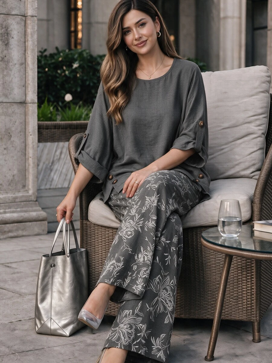Lacomfia Women's Round Neck Long Sleeve Loose Wide Leg Printed Versatile Comfortable Casual Plus Size 2 Pieces Set Fall - Grey - View 1