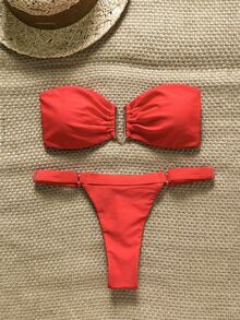 SHEIN Swim Women's Plain Red Fabric Bandeau Tie Back Bikini Set With Thongs Bottom - Red - View 4